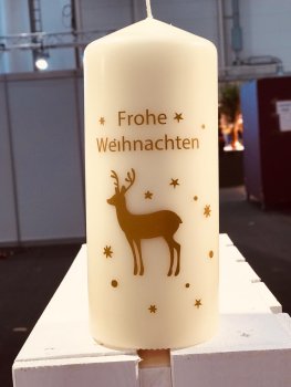 Flamme, Gold, Frohe Weihnachten Hirsch, Stumpenkerze gro&szlig; 18,5 x 7,8 cm
